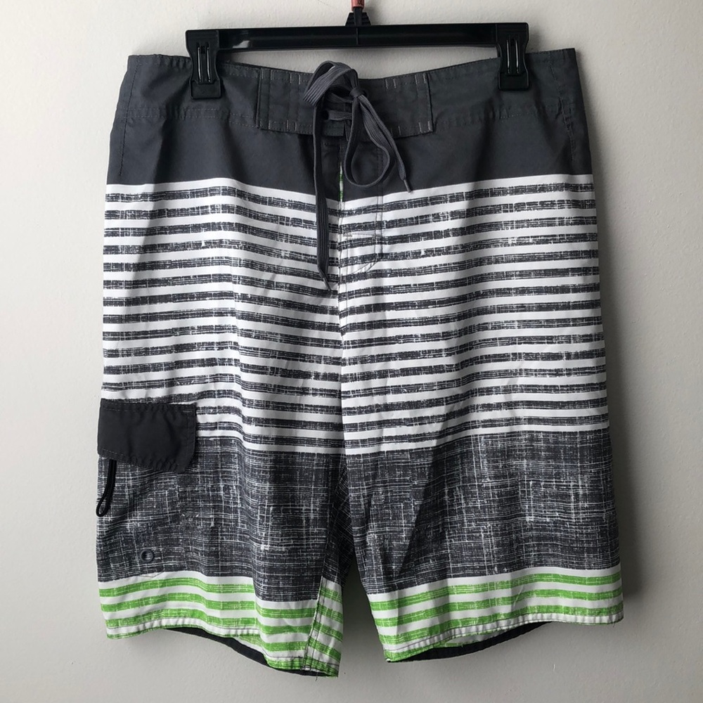 Men’s Carbon Gray Green White Striped Board Shorts size 32